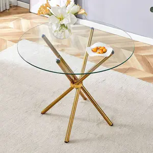 36.6 Inch Gold Glass Round Dining Table For 4, Modern Circle Dining Room Table With 0.3" Thick Tempered Glass &Adjustable Cross Metal Tube Legs, Round Kitchen Table Dinner Table For Small Space