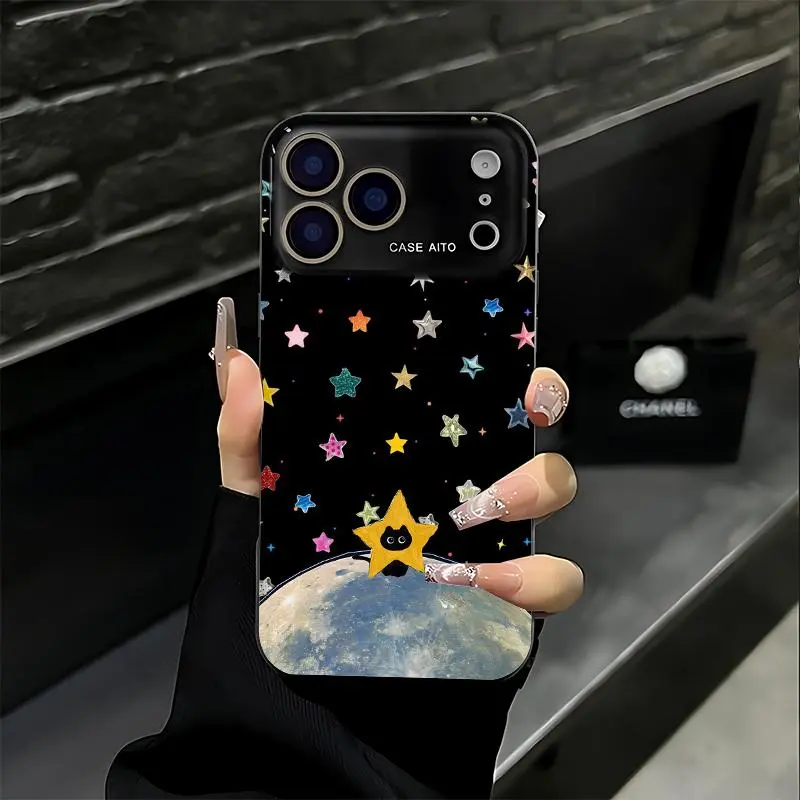 Starry night, moon, and black cat print phone case. Suitable for iPhone 17 Pro Max, 16 Pro Max, 15 Pro Max, and 14 Pro Max. Full lens protection. Also compatible with iPhone 15, 14, 13, and 12. Made of skin-friendly TPU material.