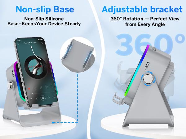 [SummerWins] 5-in-1 Wireless Induction Audio & Bluetooth Speaker with Phone Holder, 3500mAh Rechargeable Emergency Power Bank, 8 RGB Ambient Light, 360° Adjustable Mobile Tablet Stand– Gifts for Friends, Family