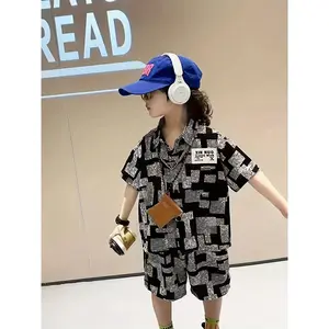 [Shirt and Shorts Set] 2pcs Boys' Summer Casual Set |   Short Sleeve Collared Shirt & Shorts, Letter Pattern, Regular Fit, Outdoor Clothing Set Classic Sets
