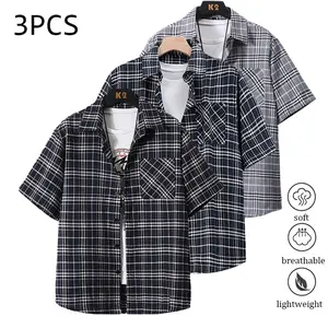 Pack of 3 summer short-sleeve shirts: lightweight, breathable plaid shirts suitable for beach vacations, pool parties, and everyday casual wear; plaid shirt; striped Western-style button-up.Wrinkle-Free Four-Sided Stretch Shirt Men's Quick-Dry Polo Set