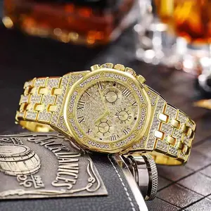 Swiss Movement Waterproof Mechanical Watches with Moissanite Diamonds - Unisex Stylish Gold-Tone Fashion Watch Made in China