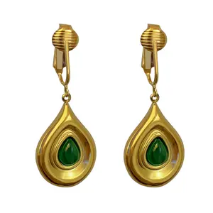Gold Green Stone Teardrops Clip On Dangling Earrings