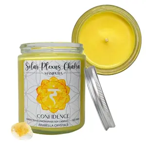 Natural Soy Wax Solar Plexus Chakra Candle with Hidden Citrine Gemstone and Green Tea and Lemongrass + Orange, Lemongrass and Citronella Essential Oil