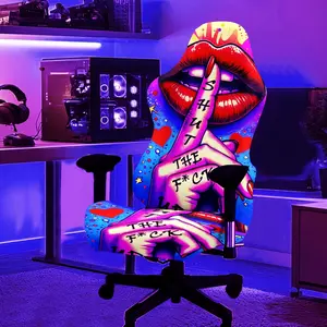 1Set Bright Red Lips Pattern UV Blacklight Reactive Glowing Computer Game Chair Cover, Gaming Chair Fabric, Milk Fiber Fabric With Elastic And Detachable Design That Is Machine Washable. Suitable For Office, Bedroom And Game Chair Decoration.
