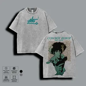 Spike Spiegel Cowboy Bebop Anime Washed Tee, Vintage Streetwear Graphic T-shirt, Unisex Cotton Loose-Fit Men's T-shirts, 90s Retro Anime Fan Merch