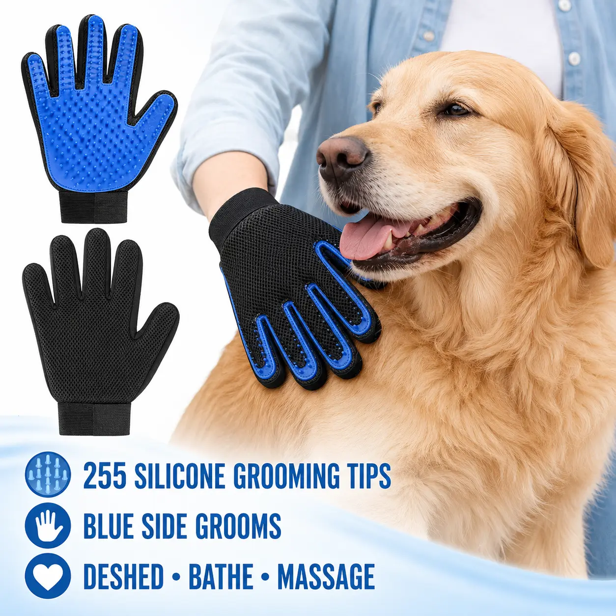 Pet Grooming Gloves, Upgrade Version with Enhanced 255 Silicone Grooming Tips, Hair Remover Mittens for Dogs & Cats, Bath Brush, 2-in-1 Deshedding & Massage Mitt, 5-Finger Flexible Design, for Bathing & Grooming, Safe for Long/Short/Curly Hair Pets, Bathi