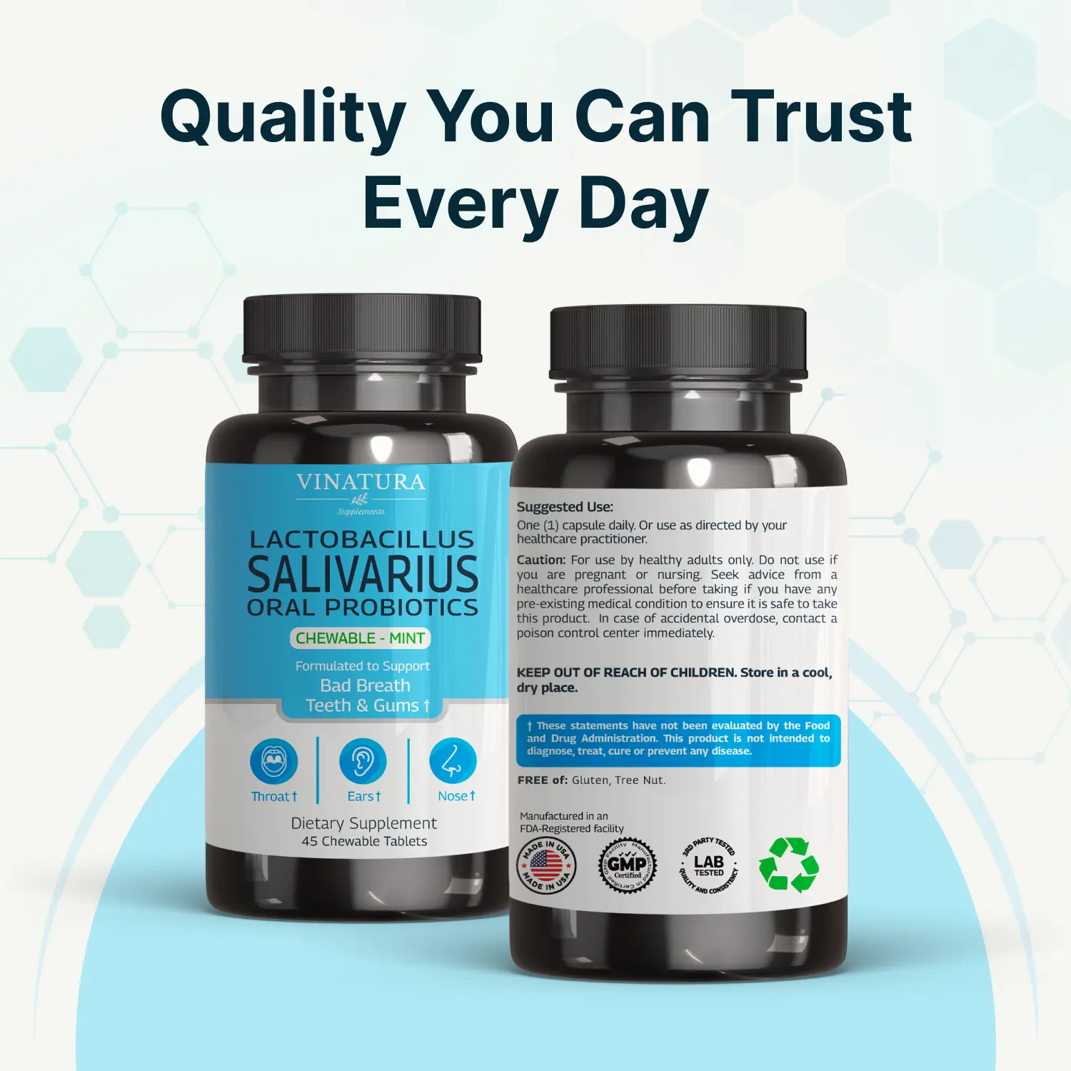 VINATURA Lactobacillus Salivarius Oral Probiotics - Mouth Bad Breath Treatment for Adults, Dental Probiotics for Teeth & Gums - 45 Edible Chewable Tablets Supplement Healthcare