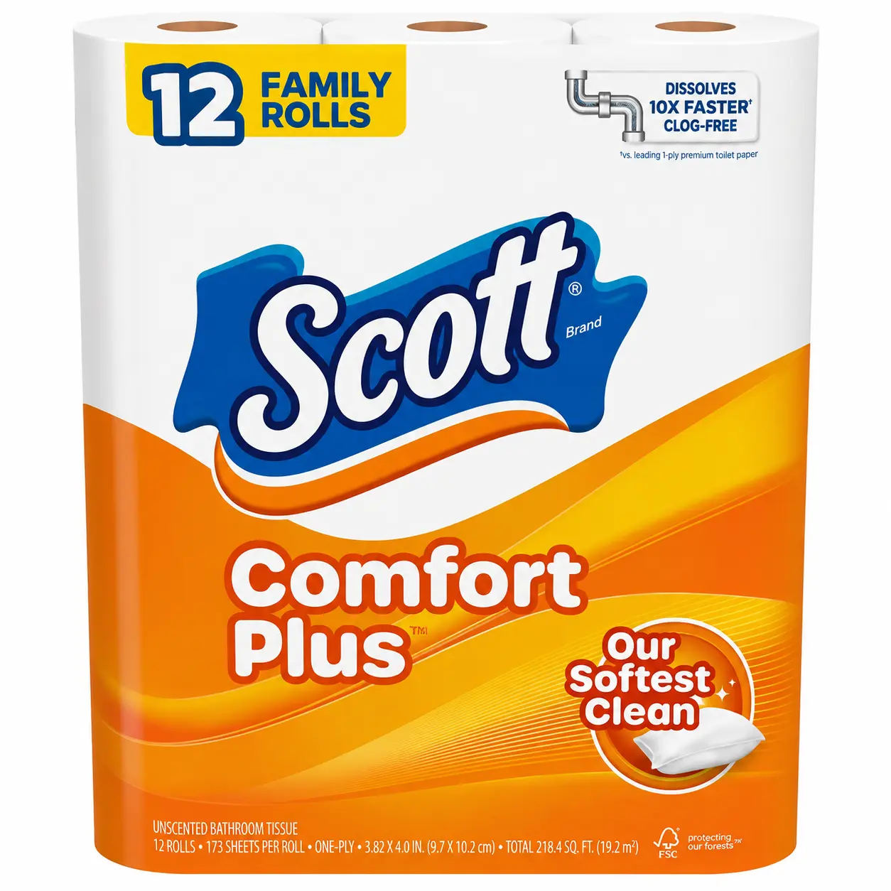 Scott Comfort Plus Toilet Paper, 12 Triple Rolls, 231 Sheets per Roll, Toilet Tissue