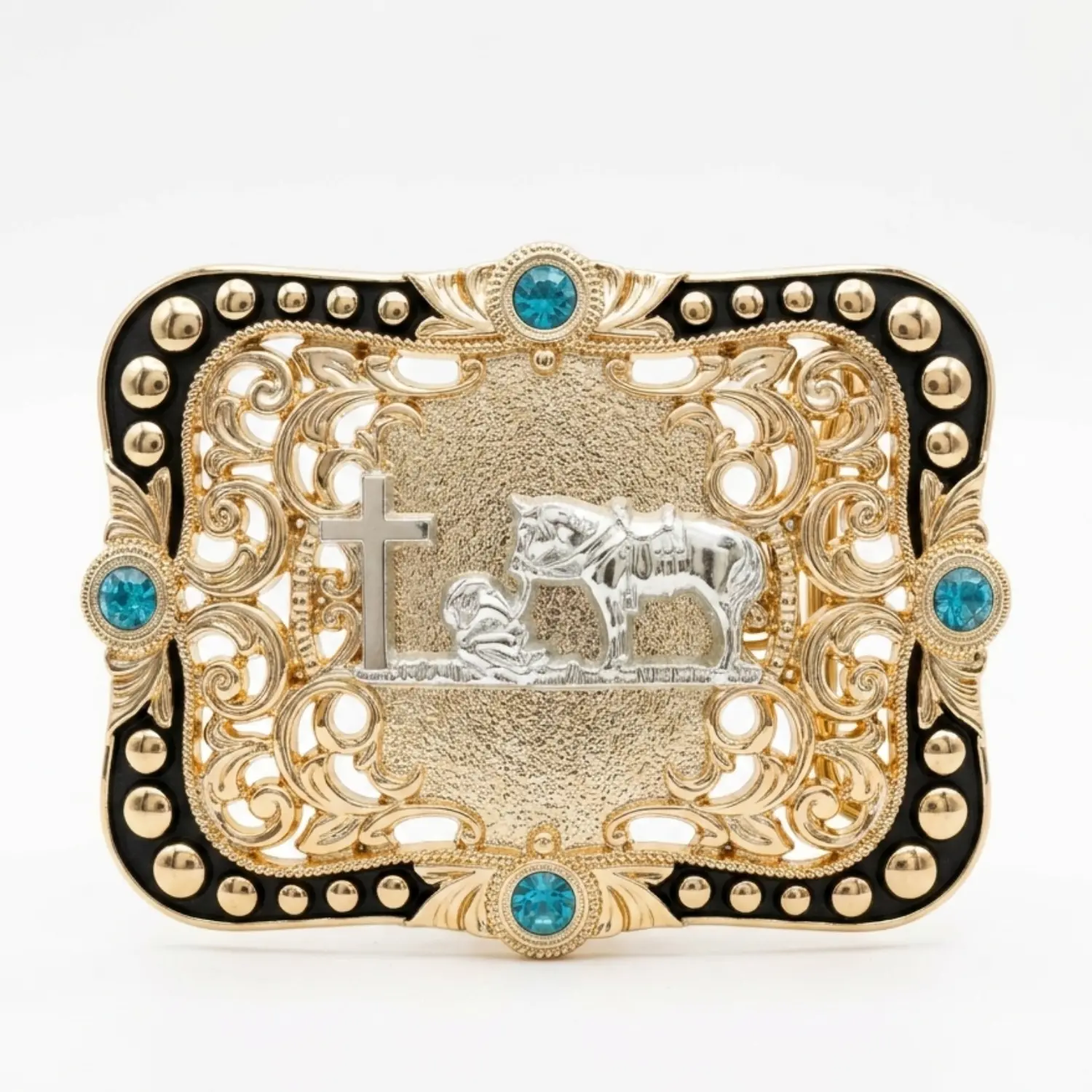 Western Belt Buckle for Men - Filigree 3D Engraving, Praying Cowboy Cross, Turquoise Accents, Heavy-Duty Zinc Alloy, Fits 1.5"-1.9" Belts