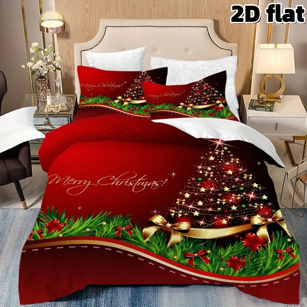 2D Flat 3Pcs Christmas Tree Bedding Merry Christmas Themed Red Duvet Cover with Decorative Pine Branches Gold Ribbon Holiday Winter Bedroom Decor Soft Microfiber Bedding (1 Duvet Cover+2 Pillowcases, Unfilled) for Xmas Gift