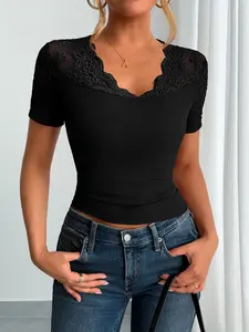 New Sexy Lace Patchwork V-Neck Short Sleeve Top, Elastic Slim Fit Design, Transparent Lace Shoulder Details, Elegance, Chic