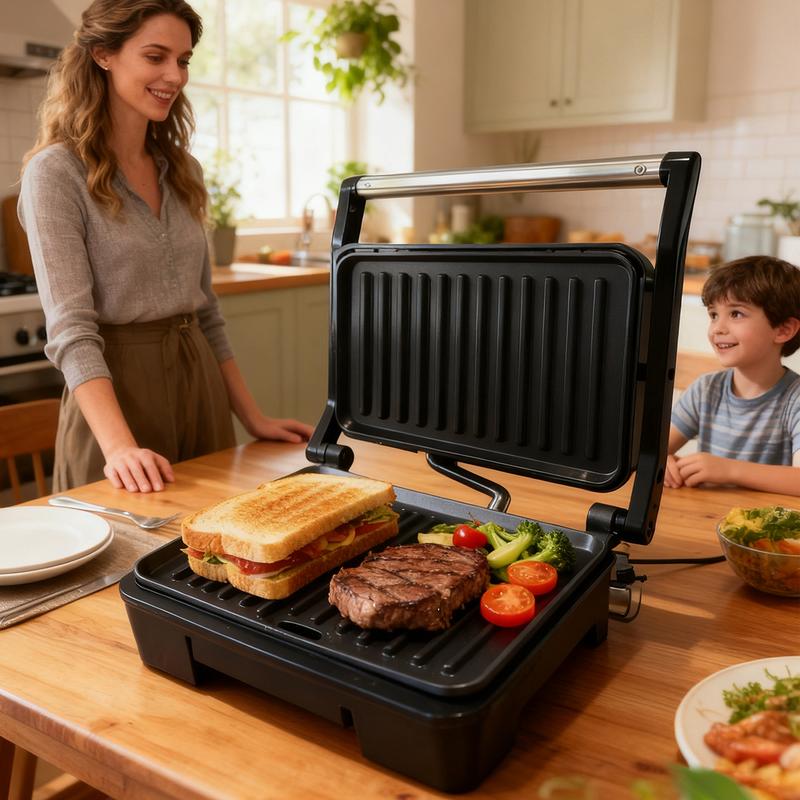 Panini Press Grill and Gourmet Sandwich Maker, equipped with non-stick coated plates, can open 180 degrees, suitable for grilling steaks, burgers and sandwiches, and the body color is black
