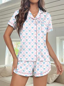 Women's Blue & Bow Floral Pajama Set, Short Sleeve Shorts, Button Front, Soft Comfortable Homeewear, Loungewear, All Seasons, Pjs