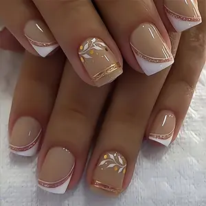 24 pieces of short square wearing nail white French glitter fake nail art French Tip Nails