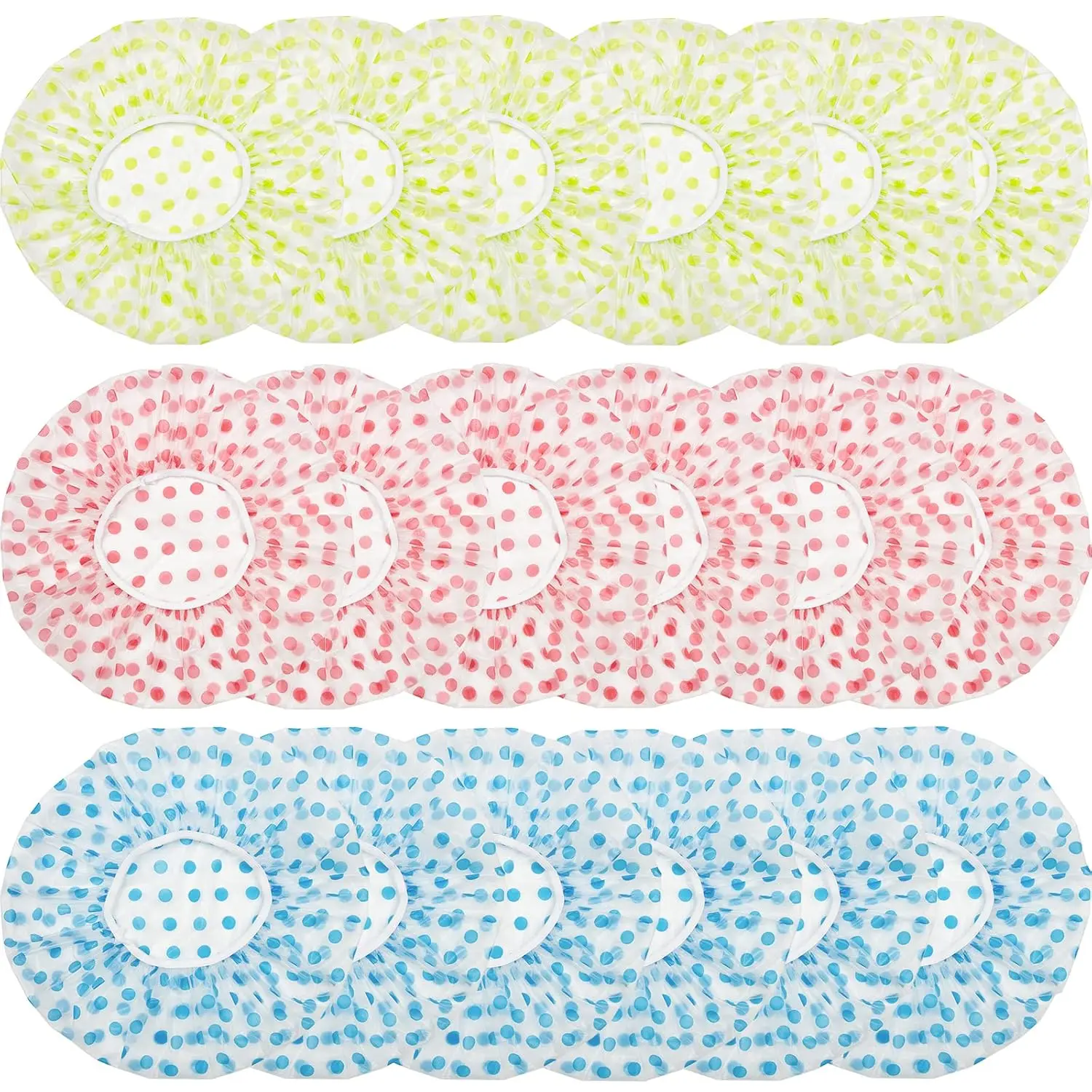 18 count Plastic Shower Caps for Women   Bath Caps Bathing Hair Cap Shower Caps for Shower,,Salon,Housework,Girls,Home,Travel (Pink+Blue+Green)