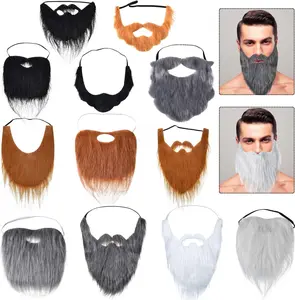 12 Pcs Fake Beard Funny Fake Mustache Costume False Whiskers Facial Hair Disguise Accessories with Adjustable Elastic Rope for Males Costume Halloween Cosplay Supplies