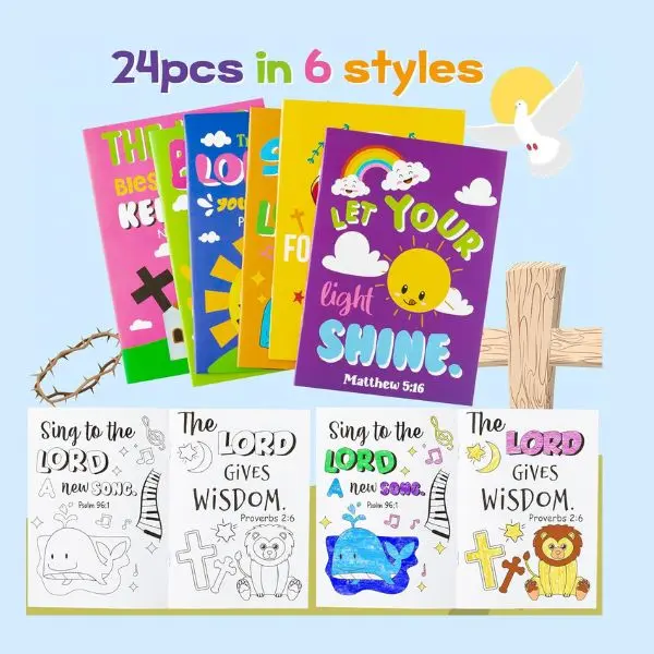 24 Pack Bible Coloring Books for Kids, Christian Coloring Pages with Inspirational Scriptures, Sunday School Supplies, VBS Crafts & Gifts