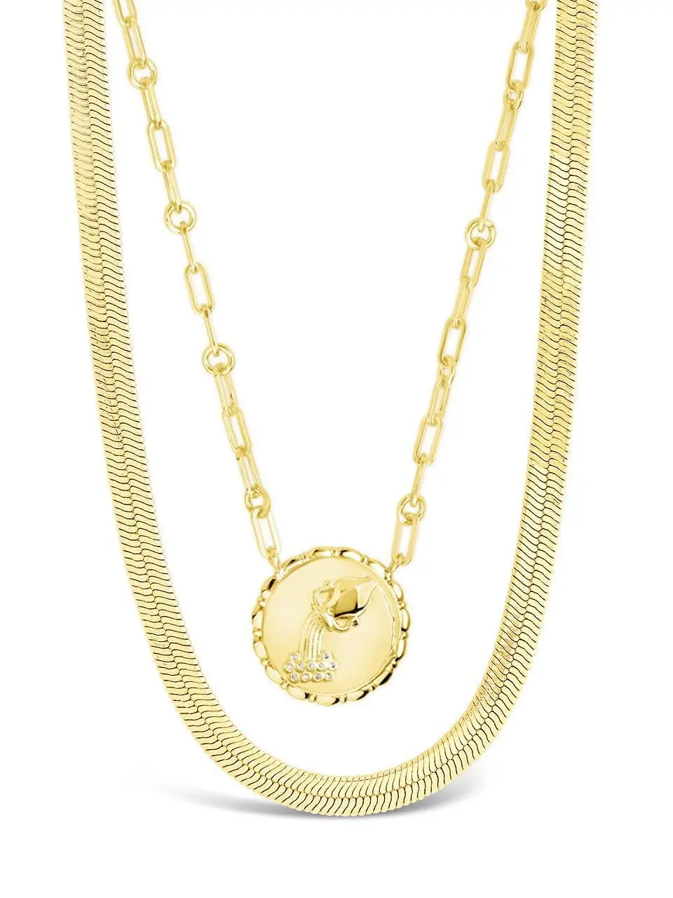 Gold Plated Layered Necklace Set for Women, 2-Piece with a Cubic Zirconia Zodiac Pendant and Flat Herringbone Chain, Gold Necklace Gold Plated Layered Necklace Set for Women, 2-Piece with a Cubic Zirconia Zodiac Pendant and Flat Herringbone Chain, Gold Necklace