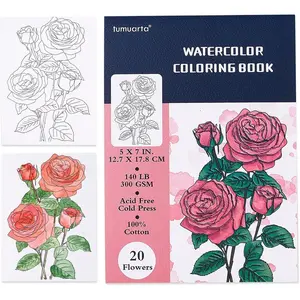 Watercolor Coloring Book, 20 Unique Floral Designs, 5x7”, 100% Cotton, 300GSM, 140 LB, 20 Sheets, Cold Press, Acid Free Watercolor Paper Sketchbook, Glue Bound Mixed Media Pad (Flowers)