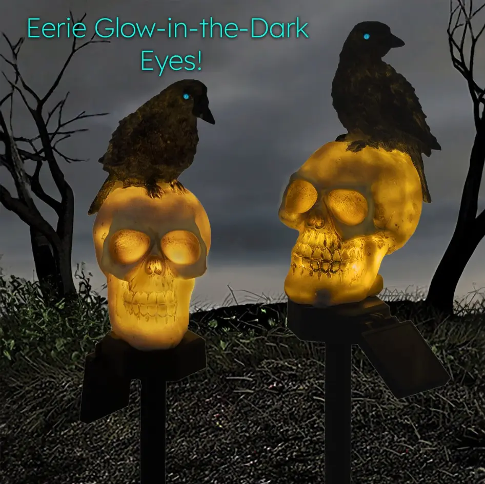 Halloween Solar Outdoor Skull & Crow Stake Lights (Set of 2) - Resin Plastic LED Pathway Lights with Glow-Eyes Blue Lenses, Automatic On/Off Spooky Garden Decor for Haunted House, Patio