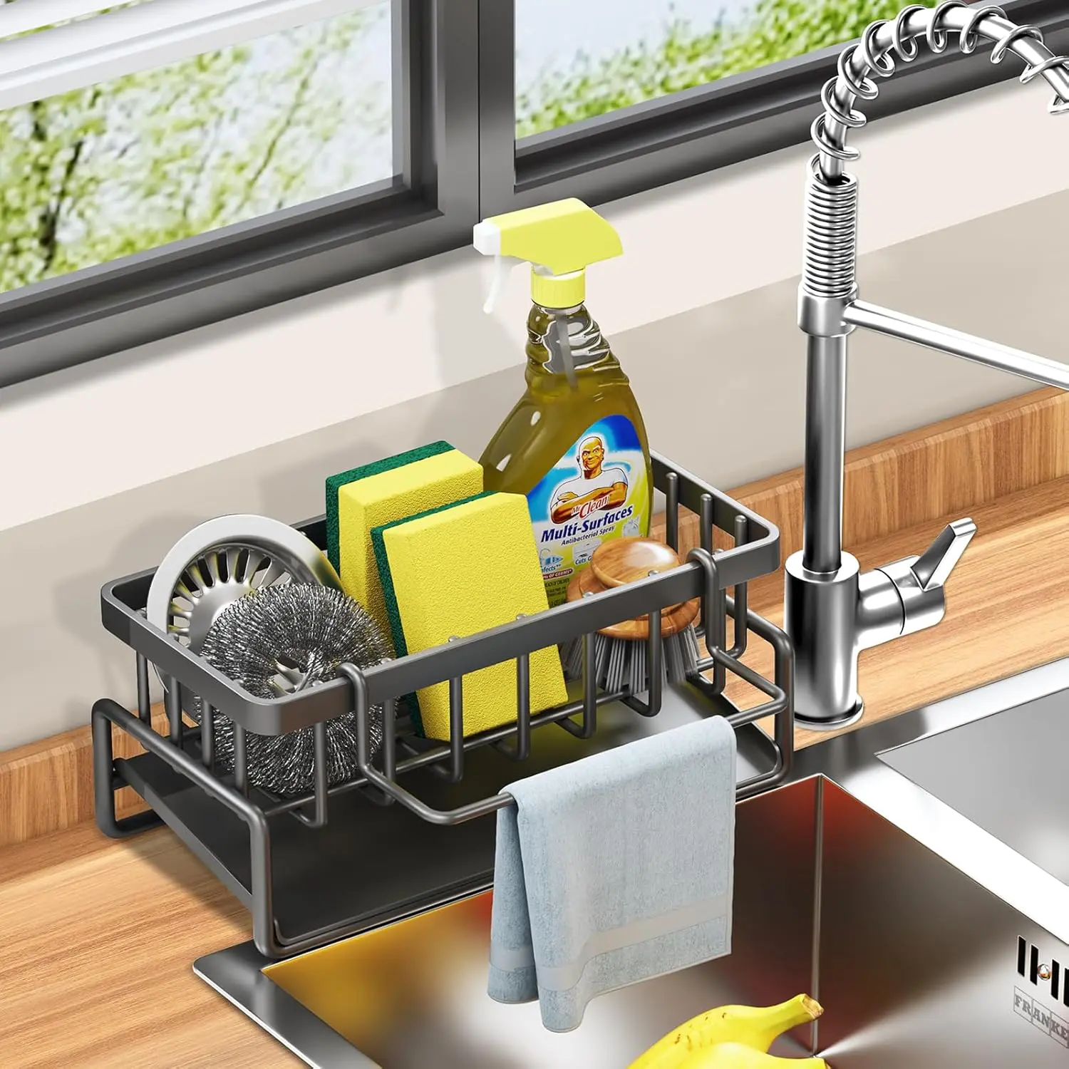 Black Sponge Holder for Kitchen Sink, Kitchen Sink Caddy Rustproof with Auto-Dryng & Removable Dishcloth Rack, Versatile Kitchen Sink Organizer & Sink Sponge Holder