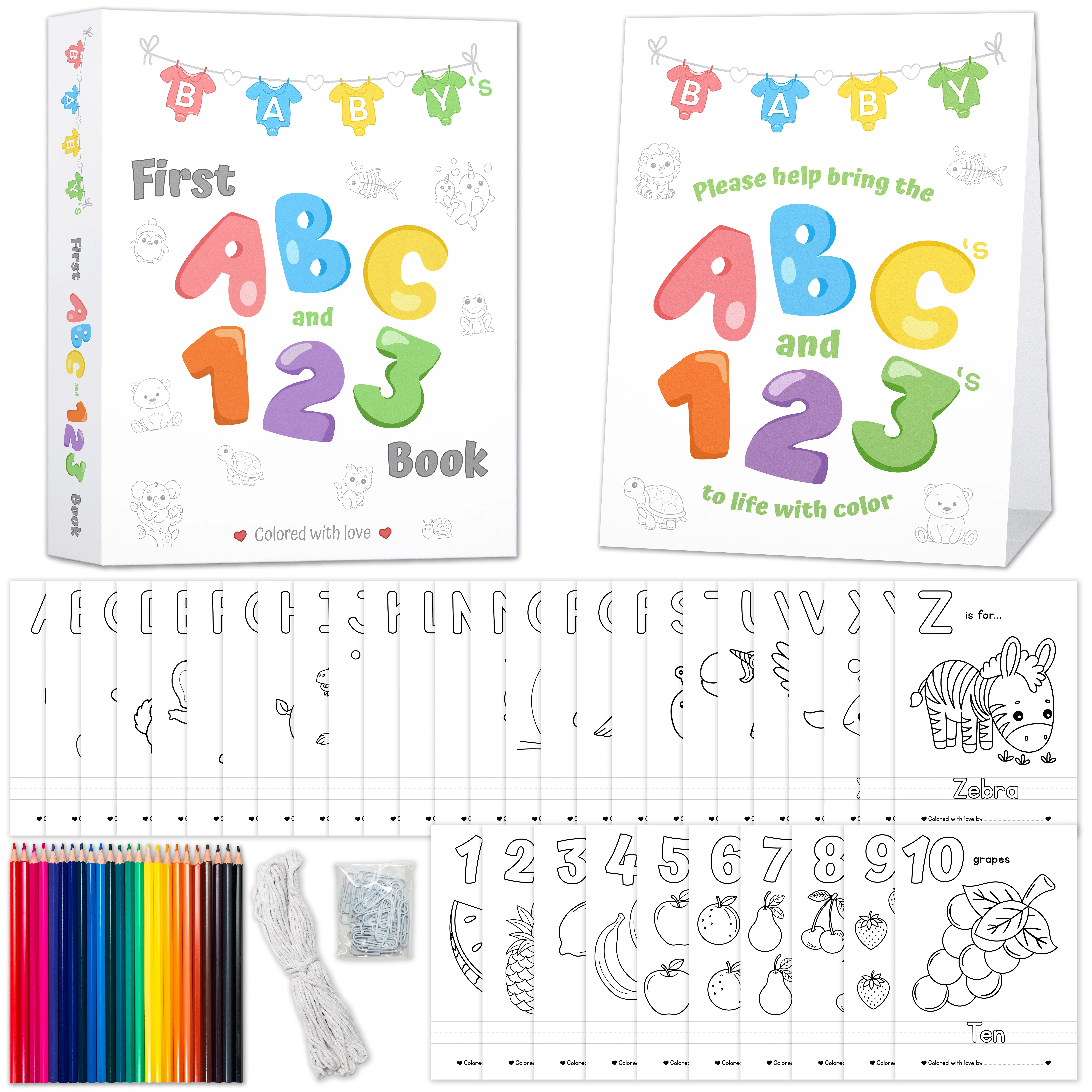Party Hearty Baby's First ABC & 123 Binder - Engaging Workbook, Complete Kit, Baby Shower Game Craft, Guest Book Alternative, Ages 12+, Animal Letters, 1 Table Sign, Alphabet Coloring Pages, Heartfelt Messages, Easy Setup, Educational Keepsake