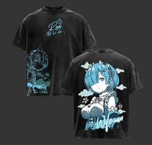 Rem ReZero Vintage Washed  T Shirt Anime Waifu Manga Graphic Tee ReZero Starting Life In Another World Otaku Streetwear Unisex Heavyweight Cotton Double Sided Print Anime Fan Gift