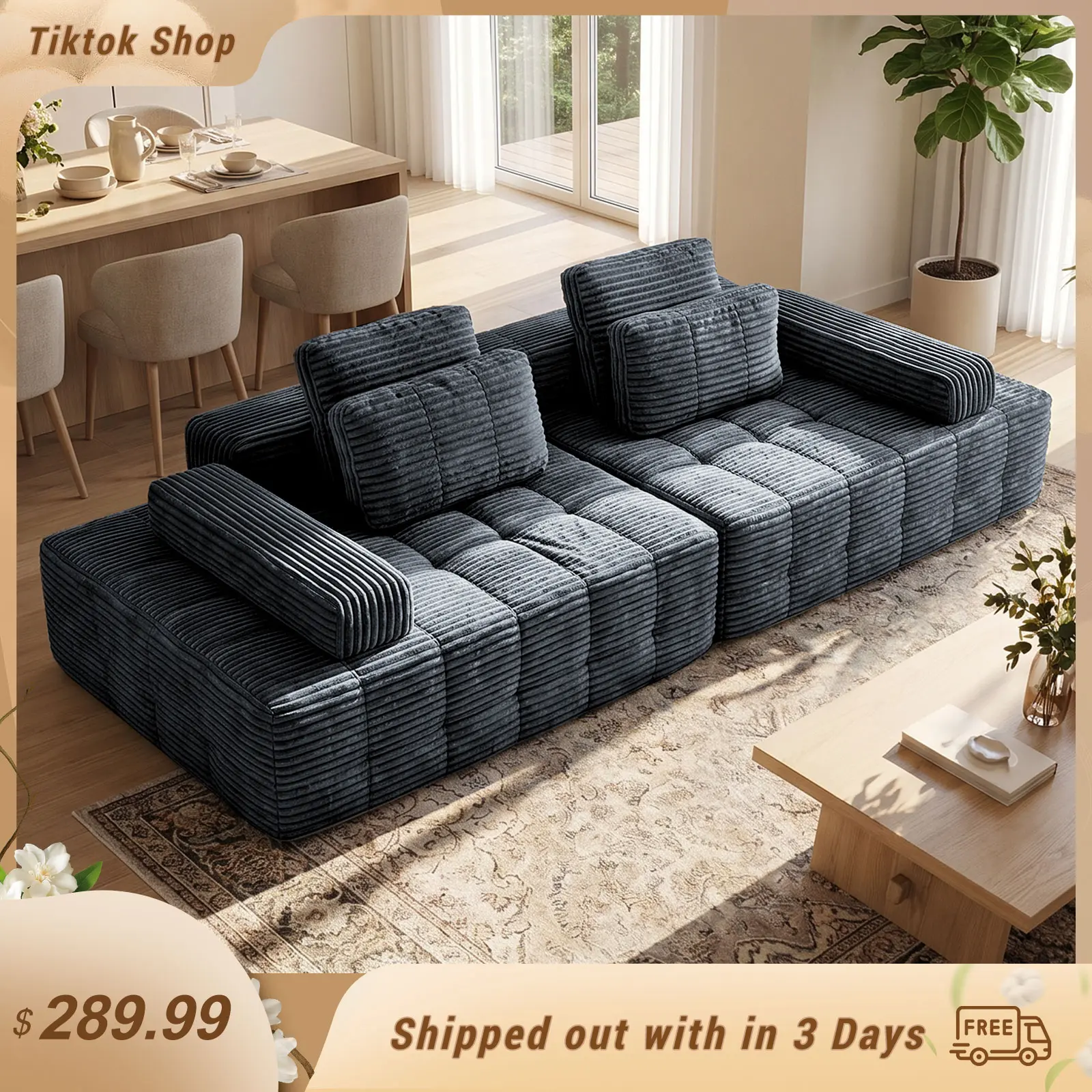 【Summer vibes】  Oversized Peninsula-Style Seamless Cloud Sofa Bed, Ultra-Thick Comfortable Ergonomic Furniture, Modular Assembly Couch for Living Room & Bedrooms, 2-Piece Shipment, Suitable for Apartment Living Rooms Various Layouts