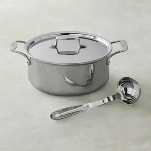All-Clad D55508 D5 Polished 5-Ply 8-qt Ultimate Soup Pot with ladle.