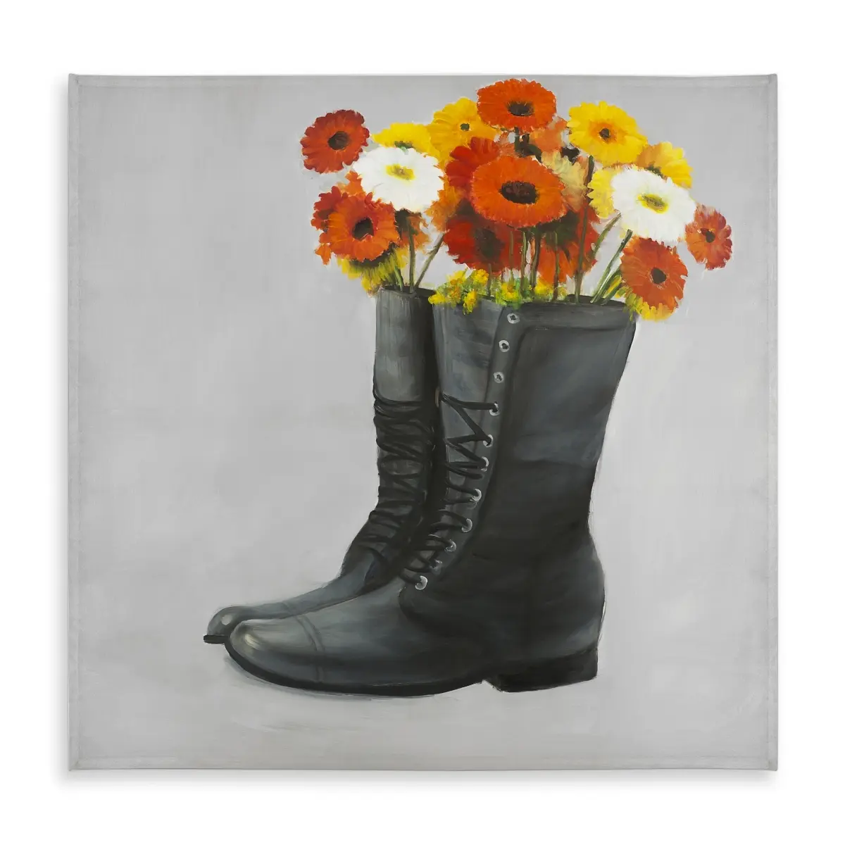 Begin Home Decor C1TC5858W4883J 58x58 in Rustic Gray Tablecloth - Boots Full of Flowers Decor, for Outdoor, Indoor, Dining Room, Countryside Use, Durable Fabric