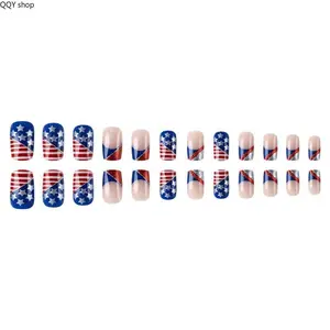 24Pcs Patriotic Flag Press On Nails, Short Square Glossy Fake Nails, Red White Blue Flag Pattern Glitter Nail Art, Reusable Easy Wear False Nails Stylish Manicure Decor for 4th of July Parade & National Holiday Events