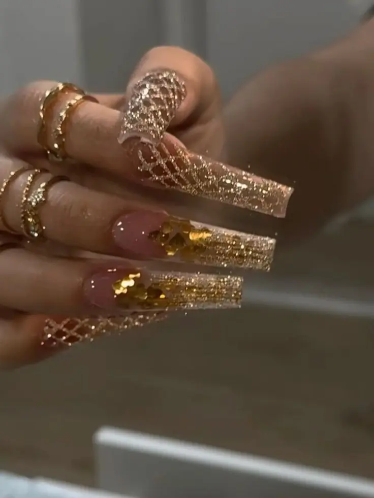 Press On Nails  Luxury Champagne Gold Glitter Ombre Fake Nails, Gold Foil & Fishnet Mesh Design Glossy Acrylic False Nails Set