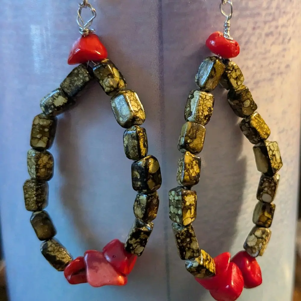 Handmade Camouflage & Red Beaded Hoop Earrings