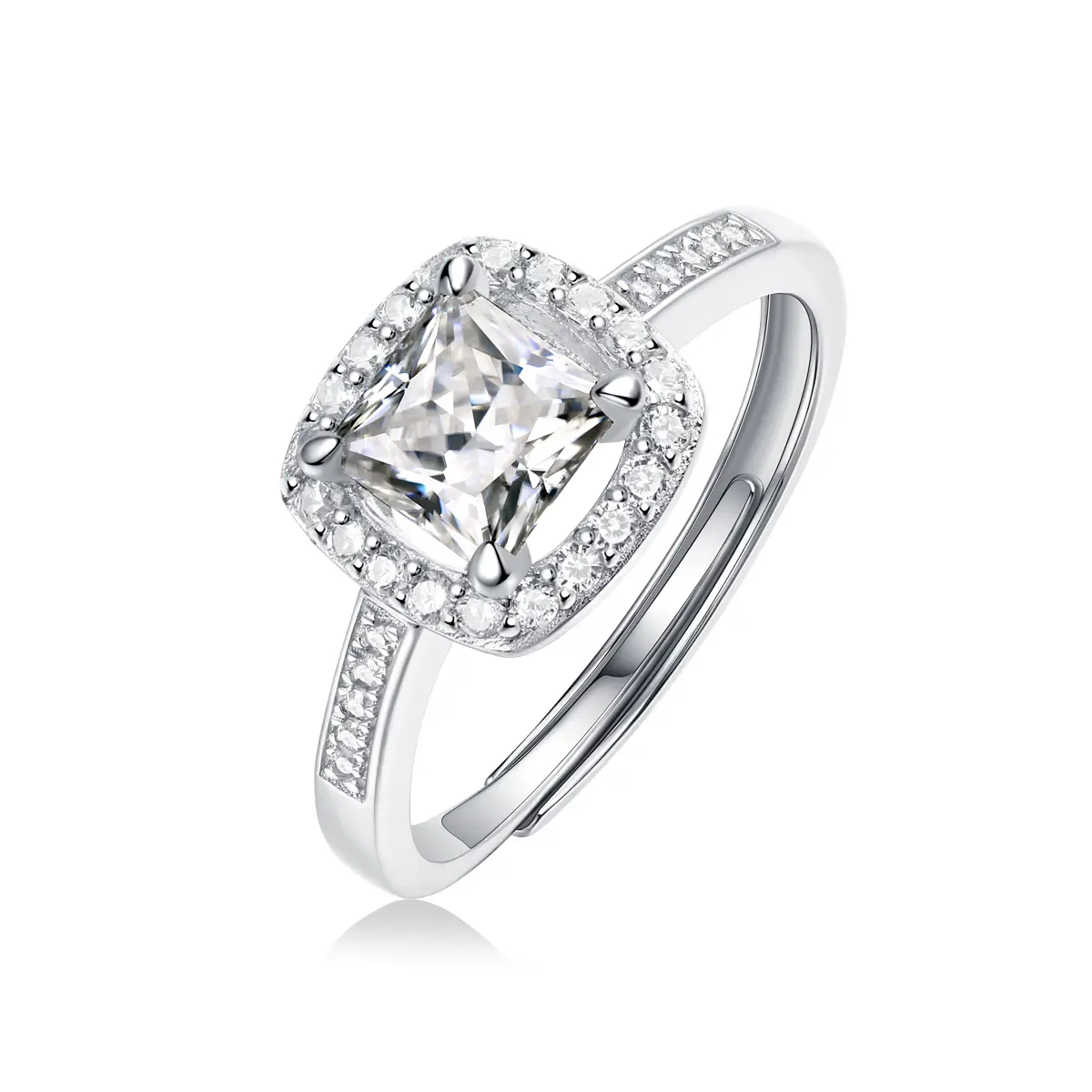 Adjustable Cushion Halo Lab-Created Moissanite Ring Featuring a D Color VVS Square-Cut Center Stone in a Four-Prong Setting with Pave-Set Shoulders in S925 Sterling Silver for Women