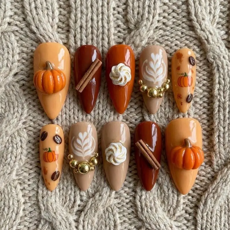 3D Pumpkin Spice Latte Press On Nails, Autumn Coffee Nail Art, Fall Thanksgiving
