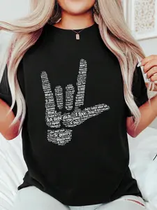 ASL Sign, I Love You in 40 Different Languages, ASL T-Shirt Print T-Shirt Casual Crew Neck Short Sleeve Comfort Tee Top For Spring & Summer Women's Clothing