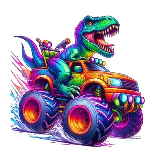T-Rex Dinosaur on Monster Truck Direct To Film Print, DTF Print, Ready To Press Print For T-Shirts