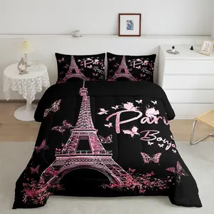 Parisian Theme Eiffel Tower Designer Comforter Set - Girly Lavender Purple Luxury Bedding with Butterfly Accent, Famous City Scene Quilt, Bedroom Decor, Romantic Accessory