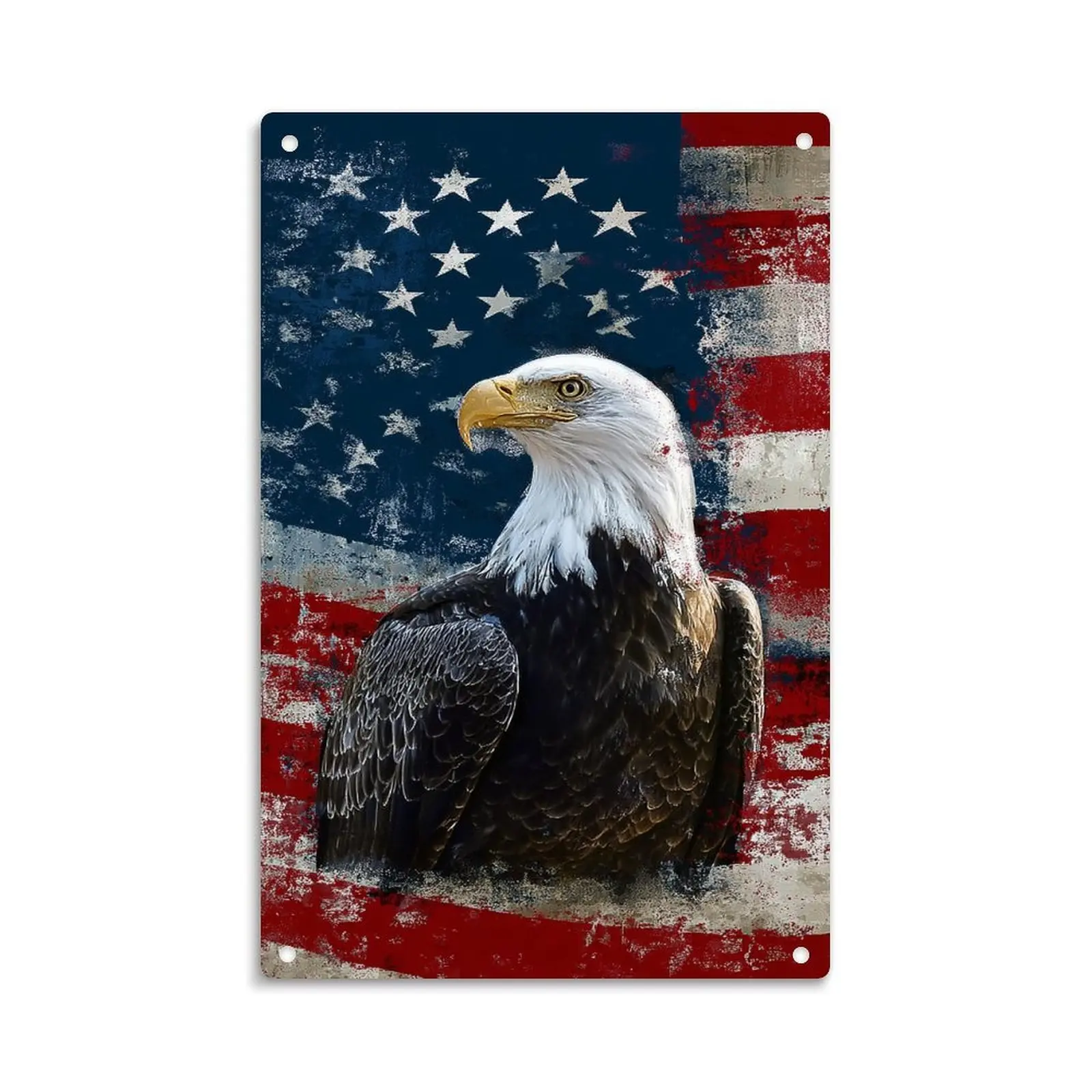 American Bald Eagle on Distressed US Flag Tin Sign， Vintage Patriotic Metal Sign Print Aesthetic Room Decoration for Home Bedroom Kitchen Bar Dorm Bathroom Wall Decor 8 X 12 Inch