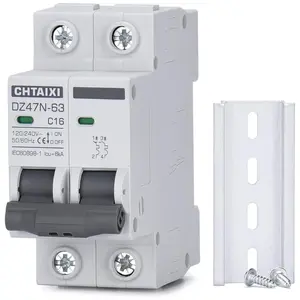 AC Miniature Circuit Breaker, 16 Amp 120V/240V 2 Pole DIN Rail Mount Circuit Breaker, Thermal Magnetic Trip, Solar AC Disconnect Switch MCB C16