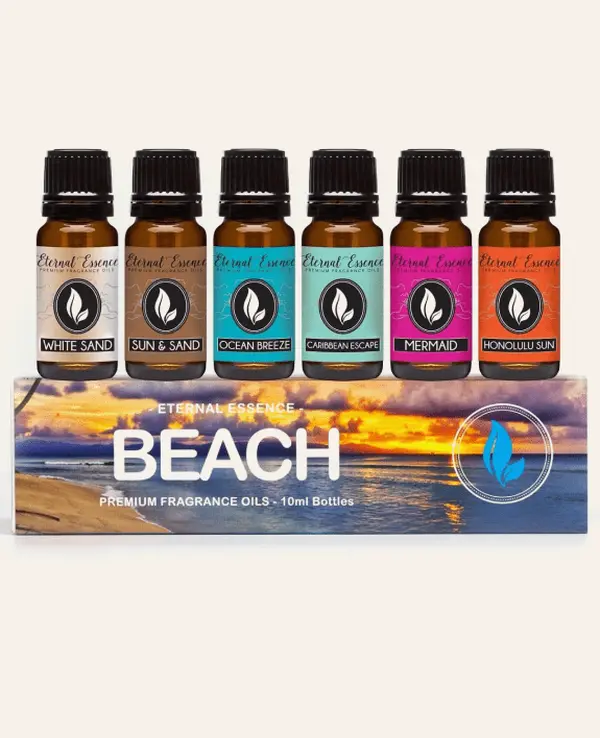 Eternal Essence Oils Beach Set of 6 Premium Fragrance Oils - Includes White Sand, Ocean Breeze, Honolulu Sun, Mermaid, Caribbean Escape, and Sun & Sand Scented Oils - 10ML