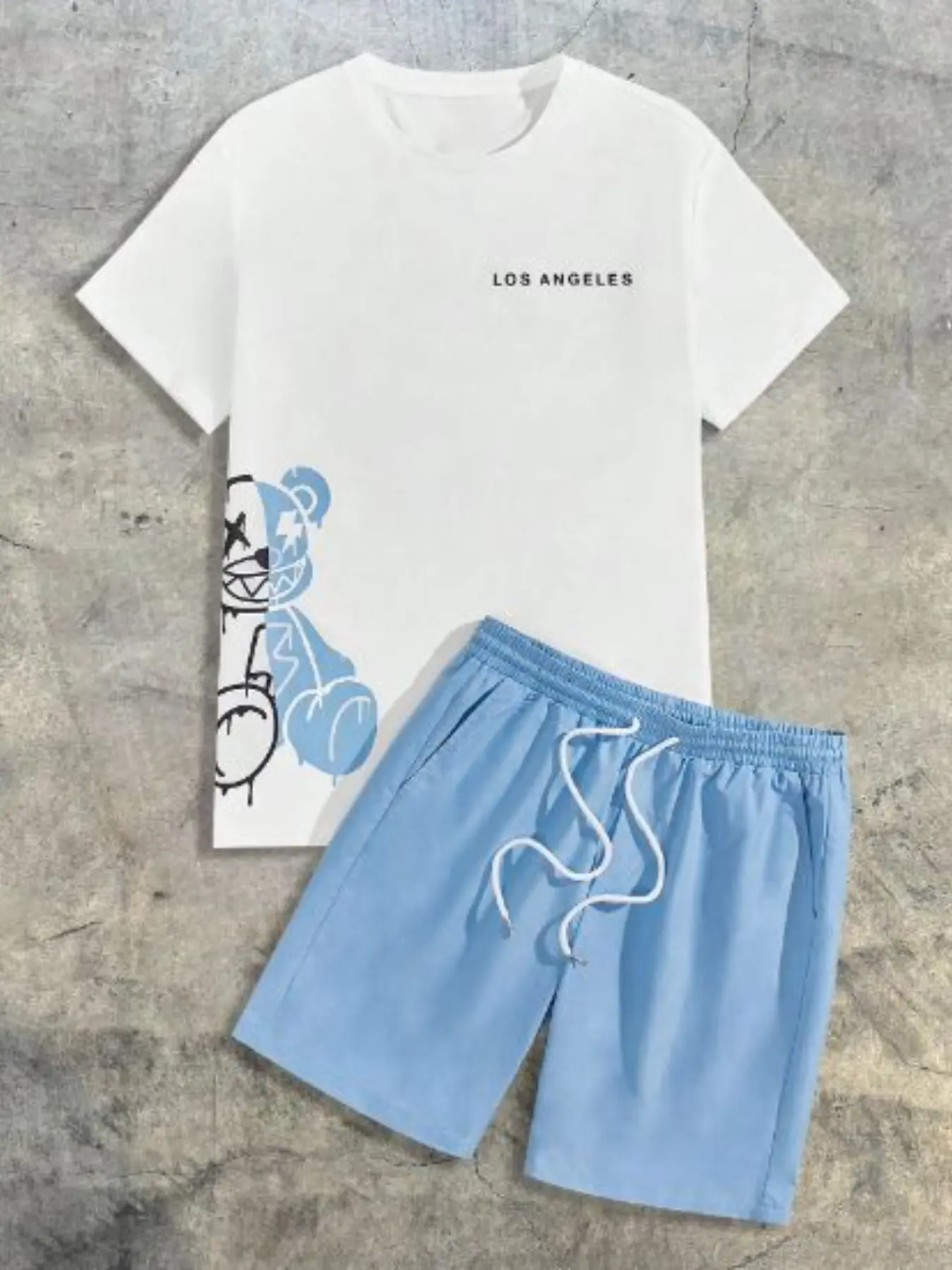 Men's Bear & Letter Print Pattern T-Shirt and Drawstring Waist Shorts Set, Street Style Summer, Menswear Comfortable Casual Wear, Couple Matching, Clothes