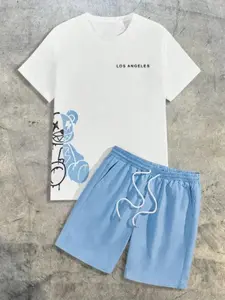 Men's Bear & Letter Print Pattern T-Shirt and Drawstring Waist Shorts Set, Street Style Summer, Menswear Comfortable Casual Wear, Couple Matching, Clothes