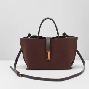 Vintage Style Adjustable Shoulder Strap Tote Bag - Retro Large Capacity Suede Leather Tote, Classic Solid Color Fashion Lady Shoulder Bag with Turn Lock Closure, Unlined Fabric Material