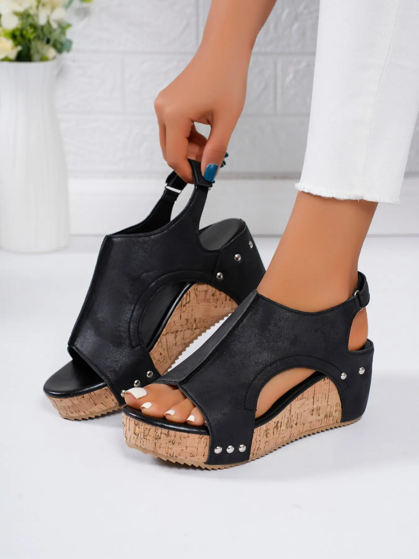 Women's Thick Sole Sandals, Summer New Fashion Leatherette Wedge Shoes, Casual Open Toe Back Pull Strap Velcro, Summer Wedge Heel, Fashionable Wedge Shoes, Wedge Heeled