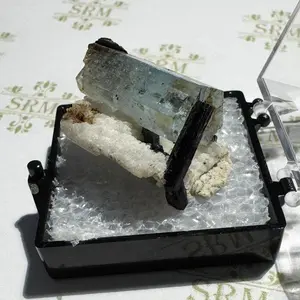 Crystal 0631 : Mounted : Natural Aquamarine with Tourmaline inclusions and Feldspar, 5¾g, Namibia