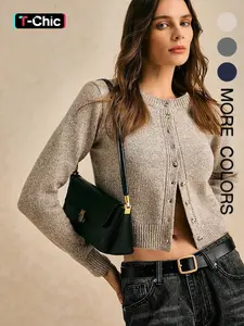 Vintage Women's Round Neck Knit Cardigan, Fashionable Long Sleeve Sweater with Button Front Design, Soft and Comfortable Knitwear, Womenswear