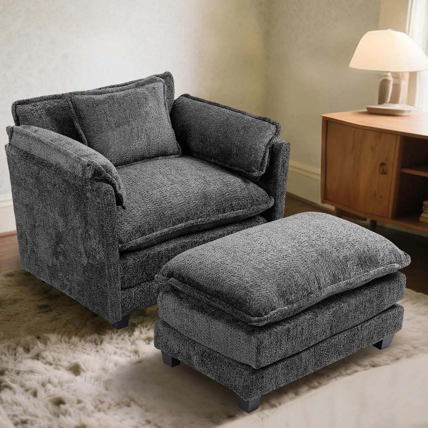Boucle Oversized Reading Chair with Storage & Ottoman, 40" W Modern Accent Chair - Double Deep Cushion Comfy Upholstered Sofa, Upholstered Soft Couch for Living Room Decor, Bedroom