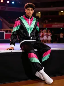 80s Varsity Tracksuit for Cheerleader | Retro Disco Jogger Suit with Zip Up Jacket + Side Stripe Pants | Fluorescent Color Block Costume for Spirit Day